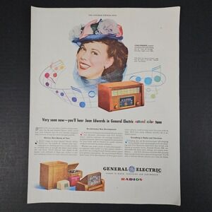 1945 GE General Electric Natural Color Tone Radios Vintage Print Ad Joan Edwards